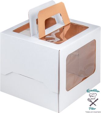Коробка для торта с ручкой и окошком, 220*220*200 мм, белая гофрокартон