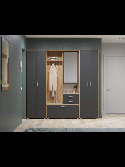 Антре 65.08 Шкаф для прихожей с зеркалом Дуб вотан/диамант серый/ДВПО белый/ткань велюр велутто кремовый 18