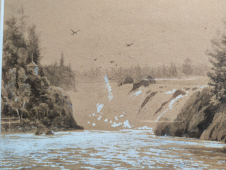 Казанцев Владимир Гаврилович (1849-1902)  Ласточки над водопадом 1880-е-1890-е гг. Бум., гр.кар., сепия, белила 25,5Х34,2 (в свету) (1229)
