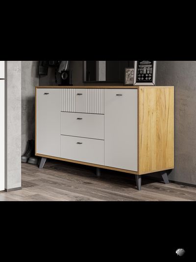 Милан Комод 3 ящика двухстворчатый Дуб Золотой/Белый матовый