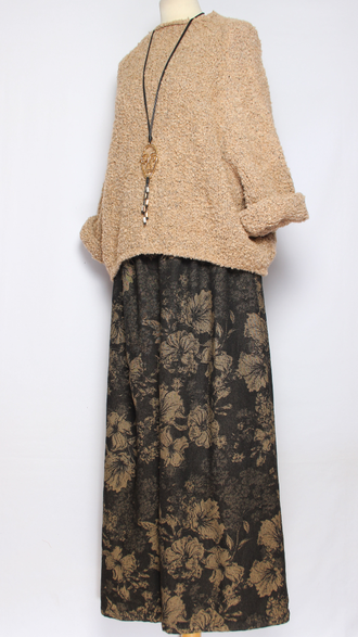 БРЮКИ-ЮБКА джинс-гобелен "БЕЗ КАРМАНОВ" крупные цветы черные, синие р.46-54