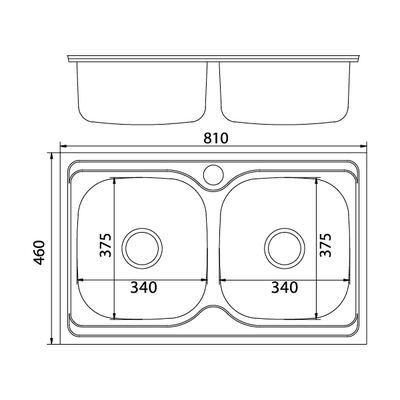 Мойка для кухни врезная MIXLINE 46х81см 0,8мм 2-х чаш выпуск 3 1/2 глубина 18см с сифоном