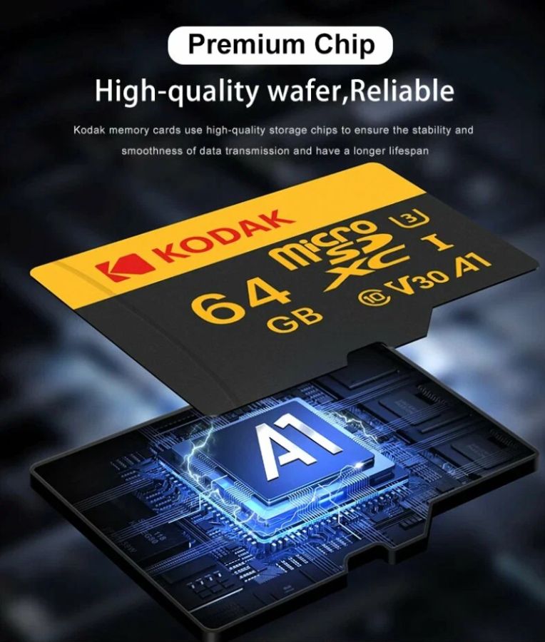Карта памяти Kodak Micro SD, класс 10, UHS-1 U3 V30 A1 на 64 ГБ, чтение 100 МБ/с, запись данных 90 М