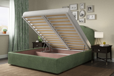 Кровать односпальная, двуспальная, MyCloud Донна с подъемным механизмом, бельевым ящиком, мягкое овальное изголовье