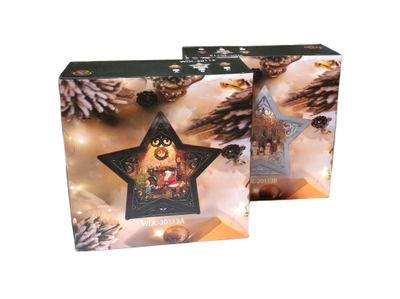 Новогодний музыкальный  светильник "ЗВЕЗДА" c LED подсветкой и поддувкой снега, 26,5*25*7 см, ТИП: Дед Мороз дарит подарок/Снеговики