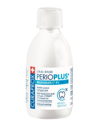 Жидкость-ополаскиватель Perio Plus+ Regenerate с содержанием хлоргексидина 0,09% и гиалуроновой кислотой, Curaprox, 200 мл.