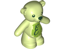 Teddy Bear with Dark Green Eyes, Nose and Mouth, Script Letter E on Lime Stomach, Damaged Eye Pattern, Yellowish Green (98382pb008 / 6279100)