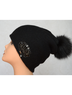 Вязаная женская черная шапка с помпоном и украшениями Vizio Италия 6430 фото