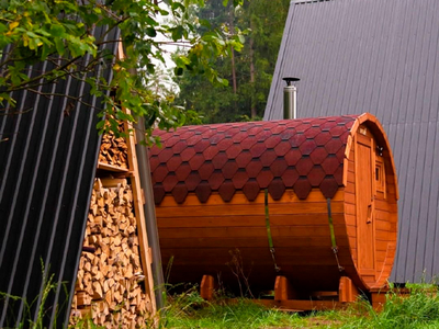 Круглая баня бочка с плоским панорамным окном