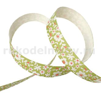 лента хлопчатобумажная "Цветы", ширина-16 мм, цвет-темно-зеленый, отрез-1 метр
