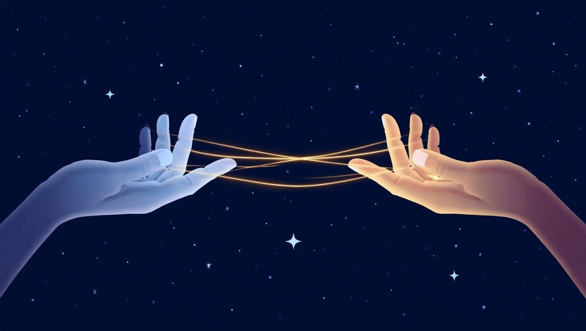 Метафорический мост из нитей света между двумя ладонями через темное пространство.