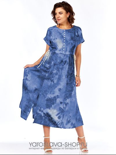 Платье женское летнее из льняной ткани синего цвета