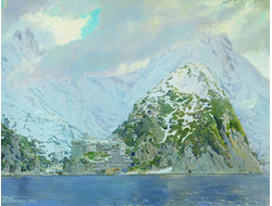 Купить греющую картину с фото репродукции Афон в горах