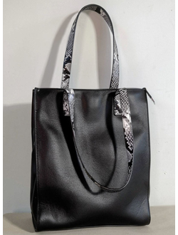 (АРТИКУЛ: 10117/2/5) СУМКА ЖЕНСКАЯ, БОЛЬШАЯ, НАТУРАЛЬНАЯ КОЖА, ЧЕРНАЯ,  ЧЕРНО-БЕЖЕВЫЕ "ПИТОН" РУЧКИ ЧЕРЕЗ ПЛЕЧО