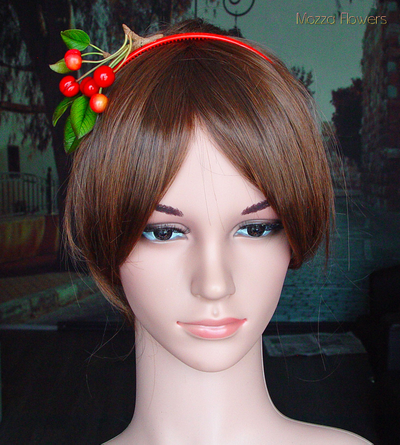 Ободок "С вишнями" из полимерной глины.