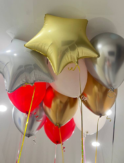 Шары белый, красный, серебро, золото, звёздочки 10 шт под потолок