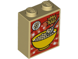Brick 1 x 2 x 2 with Inside Stud Holder with Bowl, Wheat, Spoon, and Exclamation Marks Cereal Box Pattern, Tan (3245cpb035 / 6104509)