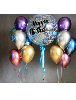 Композиция шаров: 2 фонтан по 6 хром + шар 61см с конфетти и надписью (СиК)