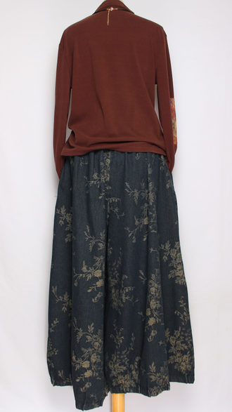 ЮБКА-БРЮКИ джинс-гобелен "ЗАЩИПЫ мелкий цветок" синяя р.46-54