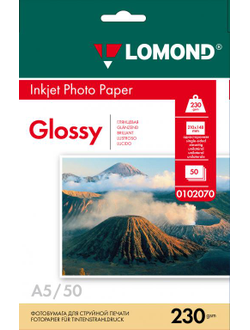 Односторонняя Глянцевая фотобумага Lomond для струйной печати, A5, 230 г/м2, 50 листов.