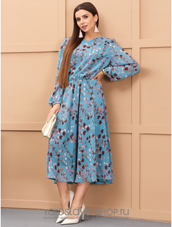 Модель: 907. Шифоновое платье голубого цвета с растительным принтом.
