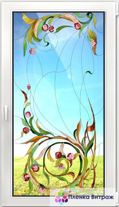 Витражная пленка, витражная пленка самоклеющаяся под заказ,пленочный витраж с цветочным рисунком
