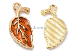 ПОДВЕСКА С ЭМАЛЬЮ "ОРАНЖЕВЫЙ ЛИСТОЧЕК" - 19.5x11x2.5 мм - ЗОЛОТО+ЦВЕТНАЯ ЭМАЛЬ
