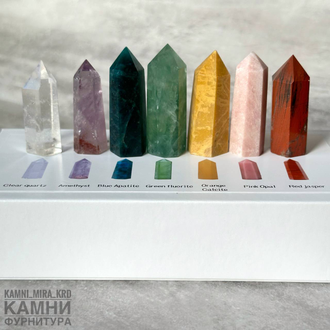 Чакральный набор 7 кристаллов 4-4,5 см в подарочной коробке с описанием, цена за набор