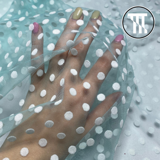 Фатин флок Белый горошек, цв. Мятно-голубой