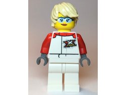 Female, White and Red Jumpsuit with XTREME Logo, Tan Tousled Hair, Sunglasses and Closed Mouth Grin, n/a (cty1111)