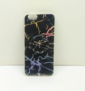 Защитная крышка силиконовая iPhone 6/6S с попсокетом, черная, под мрамор