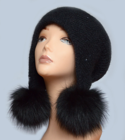 Вязаная шапка ушанка с помпонами черная Италия Vizio 6463 фото