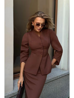 Приталенный жакет с округлыми рукавами (коричневый)