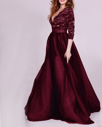 Бордовое кружевное свадебное платье с рукавами 3/4 из гипюра и шифона на свадьбу, выпускной