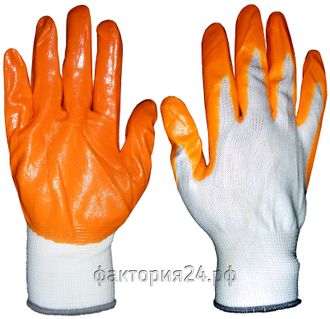 Перчатки нейлоновые,облитые НИТРИЛОМ оранжево-белые (код 0112)