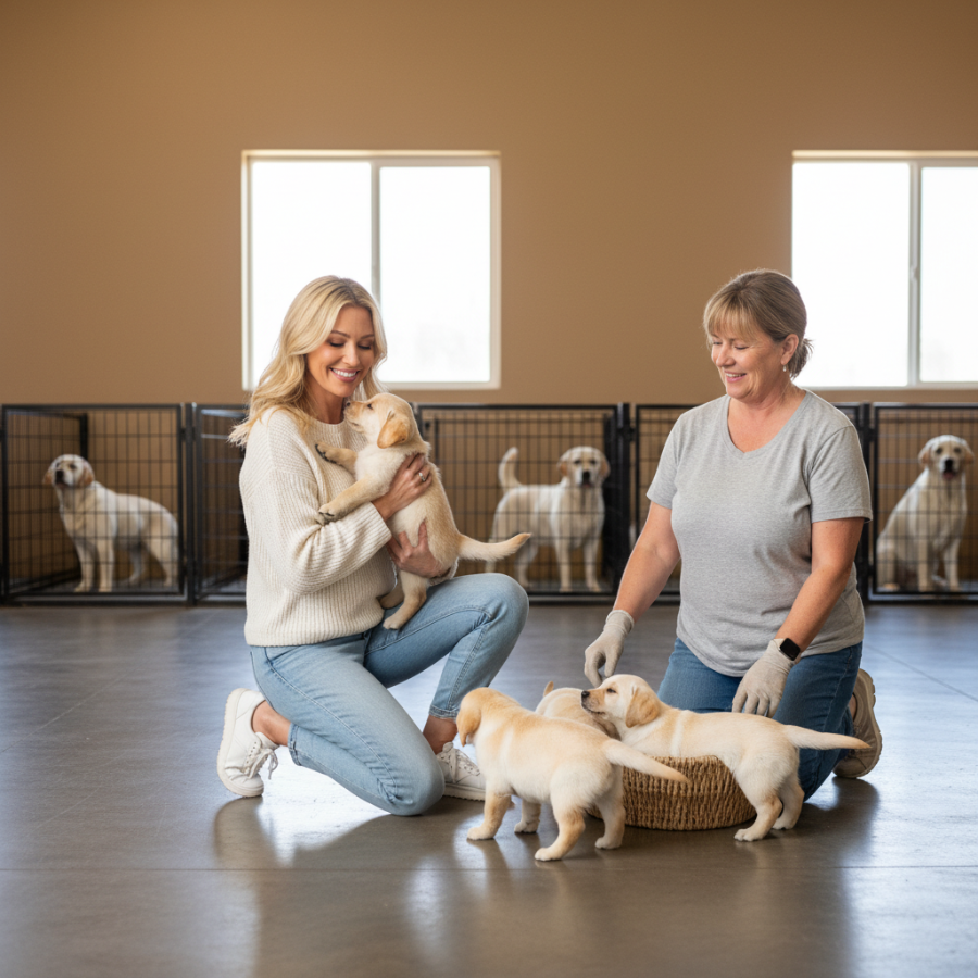 Белокурая девушка выбирает себе щенка в питомнике собак