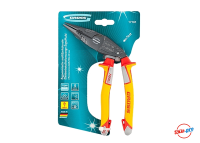 Длинногубцы комбинированные с изогнутой головой, диэлектрические рукоятки до 1000 В, 200 мм GROSS