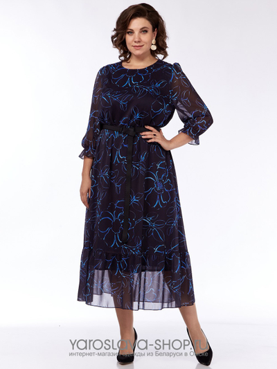 Женское шифоновое платье в синем цвете с цветочным принтом