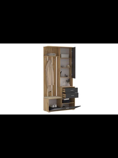 Антре 65.08 Шкаф для прихожей с зеркалом Дуб вотан/диамант серый/ДВПО белый/ткань велюр велутто кремовый 18