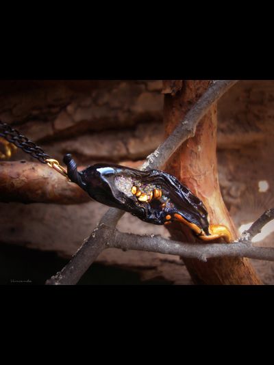 "Семечко из сада Нави", подвеска с чёрным перцем чили и золотыми семенами