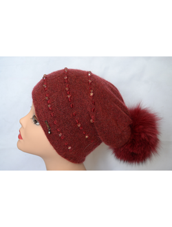 Вязаная шапка с помпоном Vizio италия бордовая из коллекции вязаных шапок 2017 с помпонами