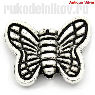 бусина металлическая "Бабочка", цвет-античное серебро, 10 шт/уп