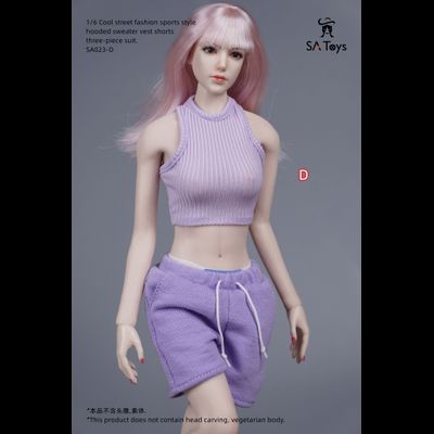 Женский спортивный костюм, набор из 3 предметов (сиреневый) - 1/6 - Cool street fashion sports style hooded sweater vest shorts three-piece suit  (SA023D) - SA Toys