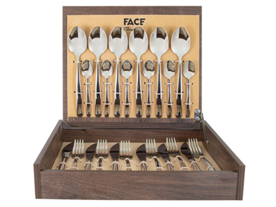 Набор столовых приборов известного португальского бренда  FACE 24 предмета на 6 персон: 6 столовых ложек, 6 столовых вилок, 6 столовых ножей, 6 чайных ложек