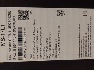 MSI GF76 KATANA 11UEK-604XRU ( 17.3 FHD IPS 144Hz i5-11400H RTX3060 (6Gb) 16Gb 512Gb SSD )