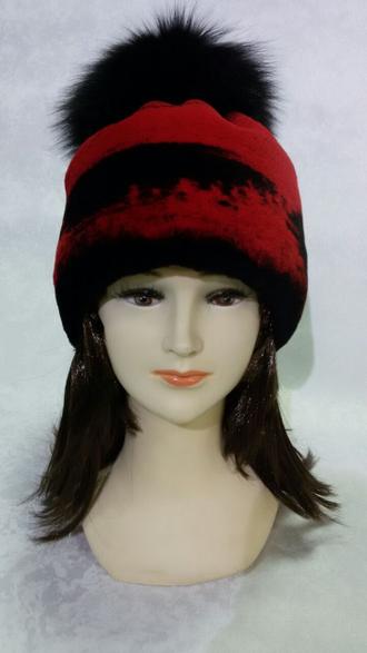 Шапка женская норковая  Конфетка с помпоном Лилия натуральный мех, зимняя красно черная с песцом, Арт. ц-0176
