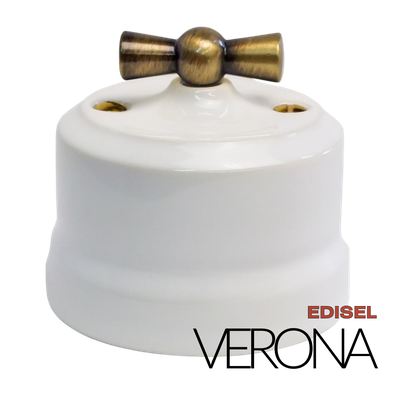 керамический ретро выключатель 2 клавишный белый Verona с бронзовой ручкой