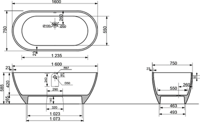 Ванна из искусственного камня STWORKI Берген 160x75 см, отдельностоящая, белая, овальная