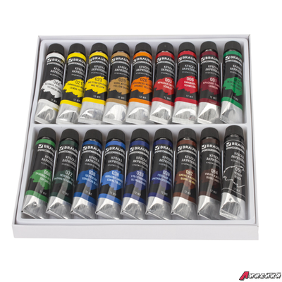 Краски акриловые художественные BRAUBERG ART CLASSIC, НАБОР 18 цветов по 12 мл, в тубах. 191123