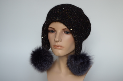 Шапка ушанка с помпонами черная вязаная Vizio Италия 8022